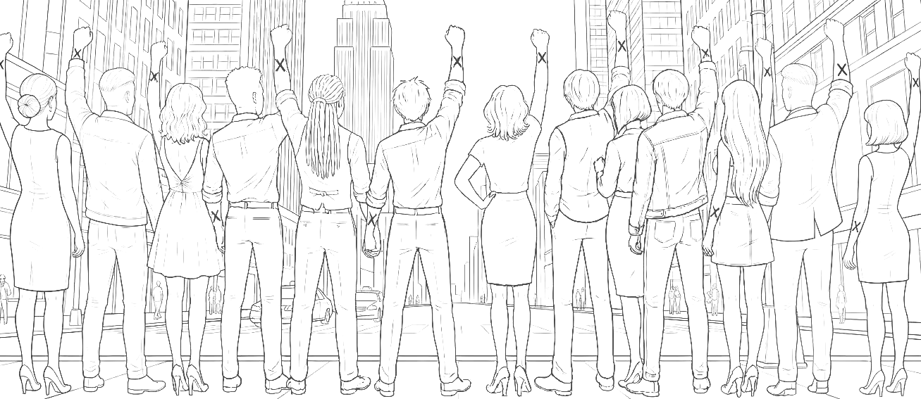 Line drawing of a crowd seen from behind, fists raised, each wrist marked with an X, facing a city skyline.